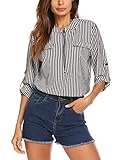 Lomon Women Long Sleeve Striped Shirts V Neck Blouses Ladies Tops(White Strip S)