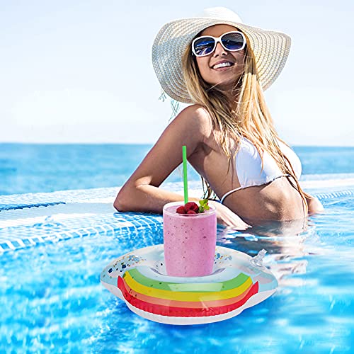 MCPINKY Inflatable Drink Holder, Sparkling Confetti Drink Pool Floats Mermaid Cup Holder Floats Inflatable Rainbow Floating Coasters for Kids Water Fun Toys Bath Toys Shower(6 Pack)
