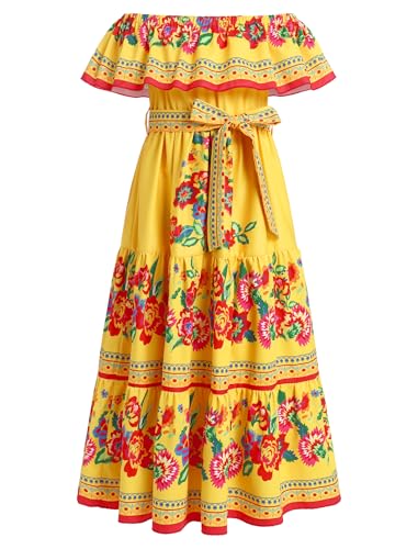 EFOGEP Robe mexicaine pour fille - Robe d'été bohème florale - Épaules dénudées - Traditionnelle Cinco De Mayo Fiesta - Robe folklorique bohème - Robe longue avec ceinture, jaune, 6-7 ans