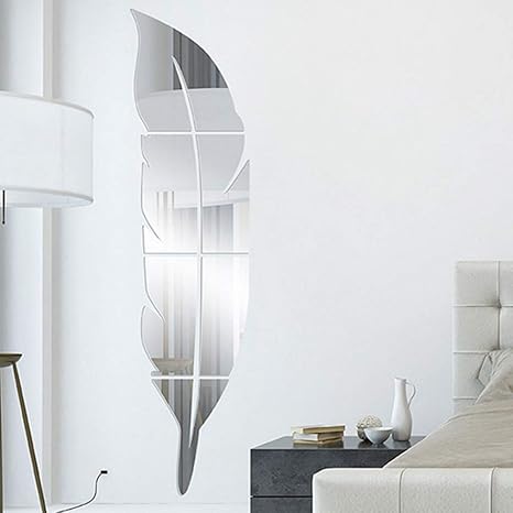 Amazon Com Mirror Wall Decor Self Adhesive 3d Feather Shape Mirror Wall Sticker Decal For Bedroom Bathroom Decoration Silver Large Kitchen Dining