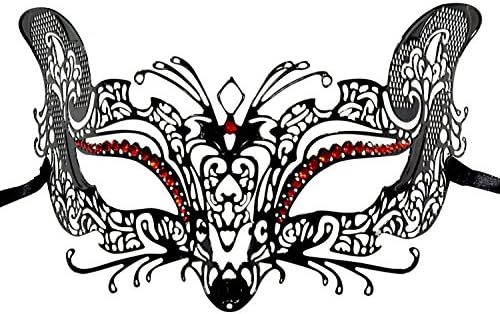 1Bay Women's Fox Filigree Venetian Masquerade Mask With Red Rhinestones Black