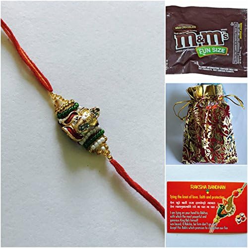 Ganesha Golden Stone Studded Rakhi with Roli Chawal, Card & Chocolate- Indian Festival Raksha Bandhan - Red and Green