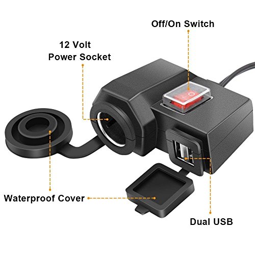 Aileap Motorcycle Cigarette Lighter Female Socket Power Outlet with Dual USB Ports 5V 2.1A Charger Adapter and Waterproof Power Switch