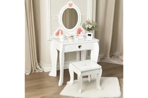 WoodenEdu Kids Vanity Set with Mirror and Stool, Beauty Makeup Vanity Table and Chair Set for Toddlers and Kids, White