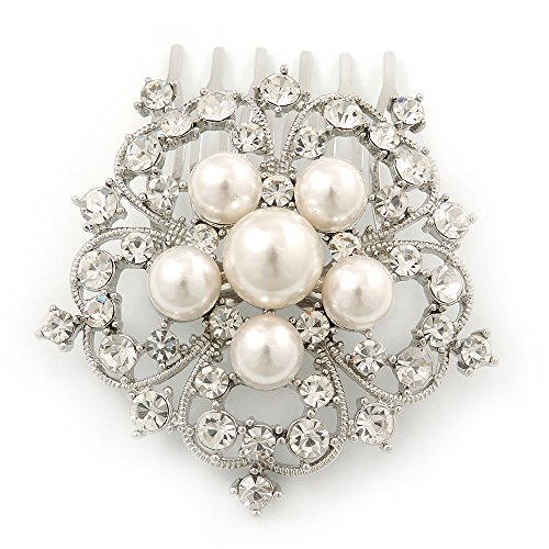 Bridal/ Wedding/ Prom/ Party Rhodium Plated Austrian Clear Crystal, Synthetic Pearl 'Open Flower' Hair Comb - 55mm