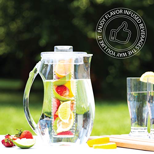 Homeries Fruit Infuser Water Pitcher with 3 Tubs (2.9 Quart / 93 Oz) - Shatterproof Acrylic Infusion Jug for Iced Tea, Juice, Beverages, Water, Lemon, Fruit & Herbs - BPA Free
