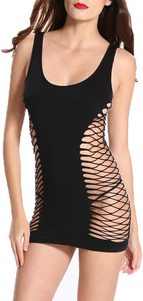 FANNARUI Sexy Lingerie Bodystocking Babydoll Mini Dress Fishnet Bodysuit See Through Nightie