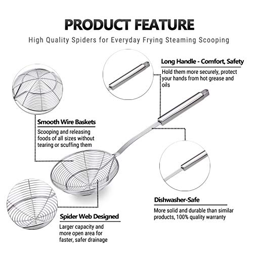 TEMCHY Spider Strainer Skimmer Ladle, 5.5 Inch Stainless Steel Solid Skimmer Basket with Long Handle for Everyday Frying Steaming and Scooping