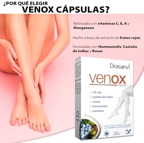 VENOX Ayuda a mejorar la Circulación, Hammamelis, Castaño de InDias y Ruscus, Alta Concentración de Polifenoles, Vid Roja, Arándanos y Grosellero Negro, Reforzado con Vitaminas ,45 cáps