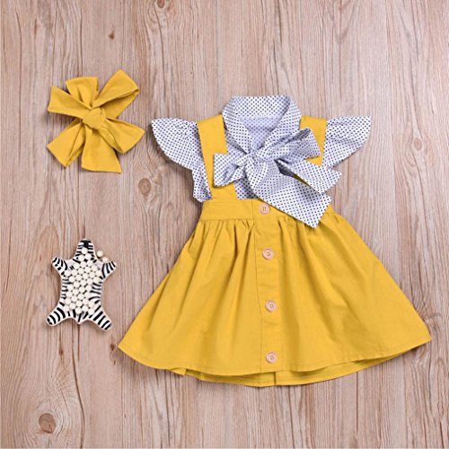 3Pcs Toddler Infant Baby Girls Cute Dot Print Tops T Shirt Strap Skirt Headbands Outfits Set (Yellow, 18-24 Months)