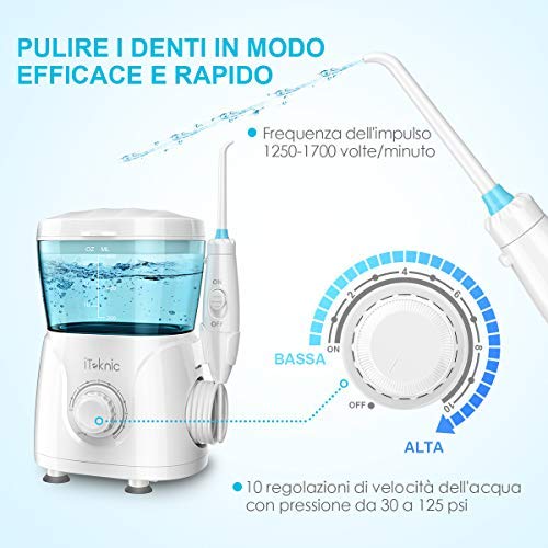 Idropulsore Dentale Professionale iTeknic Irrigatore Dentale Elettrico Irrigatore Orale con 7 Beccucci Intercambiabili, 10 Impostazioni di Velocità e Serbatoio da 600ml per Pulizia Dentale Igiene Dentale