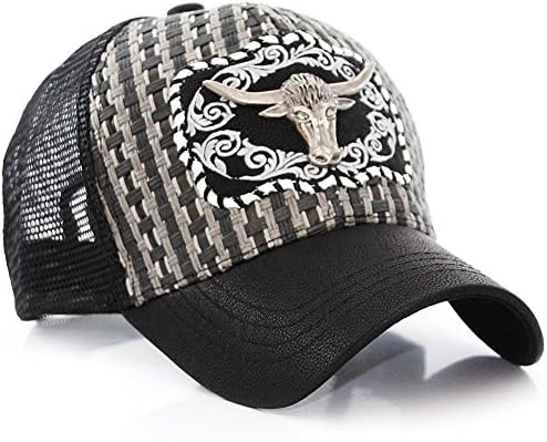 Straw Longhorn Head Metal Symbol Mesh Trucker Baseball Cap Hat Black