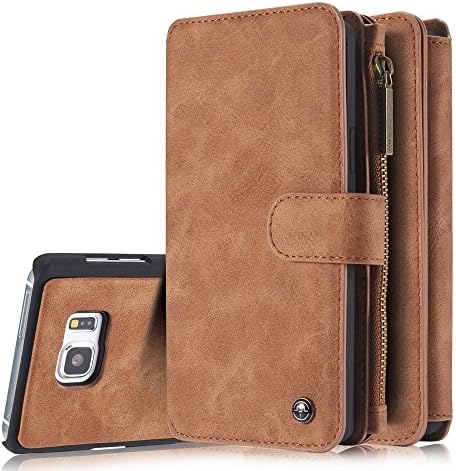 Galaxy S6 edge Case , Hoosam(TM) Leather Wallet Case - Large Capacity 14 Slots Detachable 2-in-1 with zipper Magnetic Flap Stand Cover Case for Samsung Galaxy S6 edge (Brown)