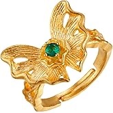 Kokoma Vintage Butterfly Statement Ring for Women Gold Plated Adjustable Open Finger Band Green Crystal CZ Promise Engagement Rings Band