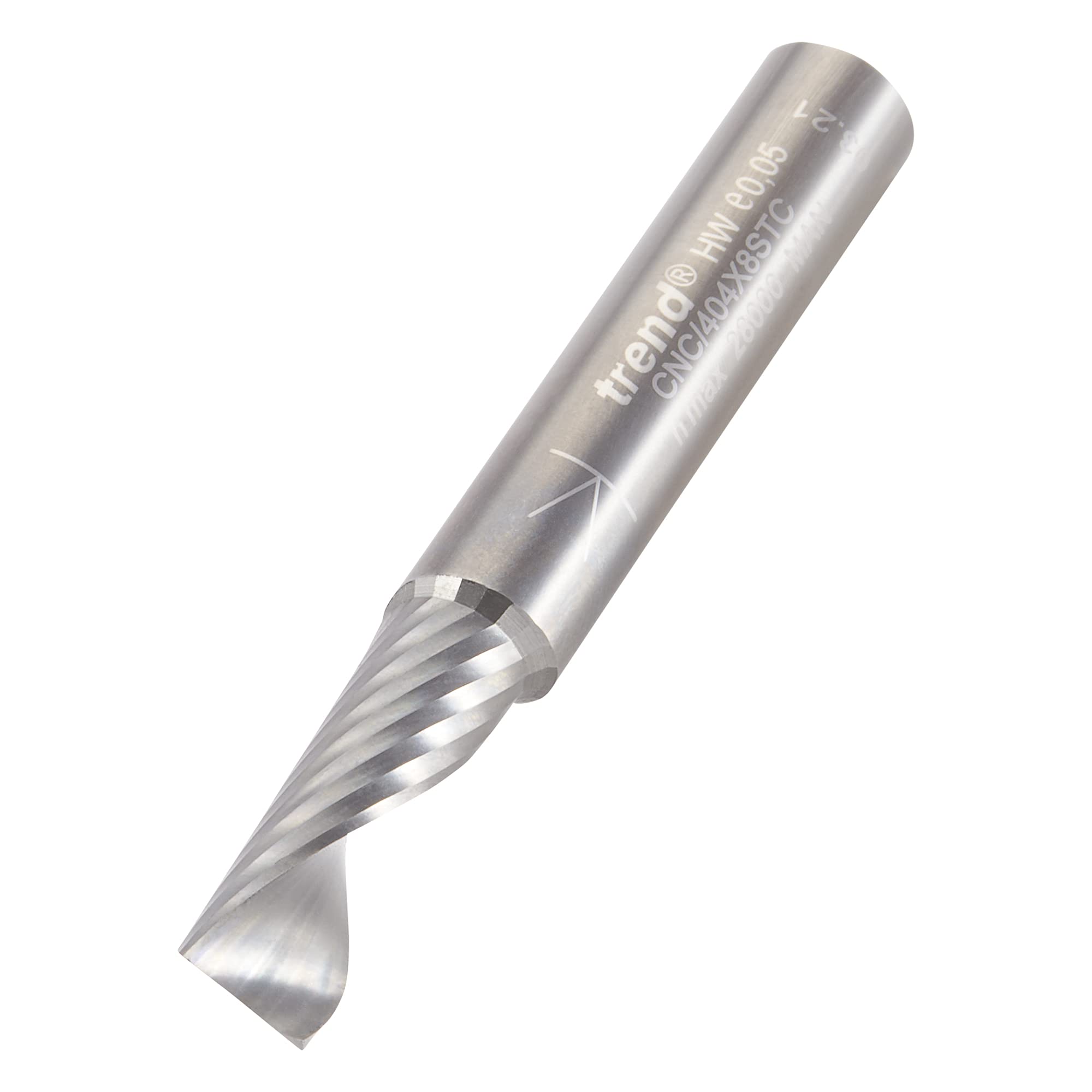 Trend CNC O Flute Spiral Up-Cut Router Cutter, 8mm Shank, 8mm Cut Diameter & 22mm Cut Length, Solid Tungsten Carbide, CNC/404X8STC