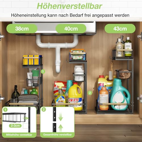 Fantasnight Kitchen Under Sink Storage Organiser - 1 Pack Metal Undersink Organisation for Cupboard - 3 Tier Pull Out Cabinet Drawers Black - Sliding Cleaning Shelf Organizer Solutions for Bathroom