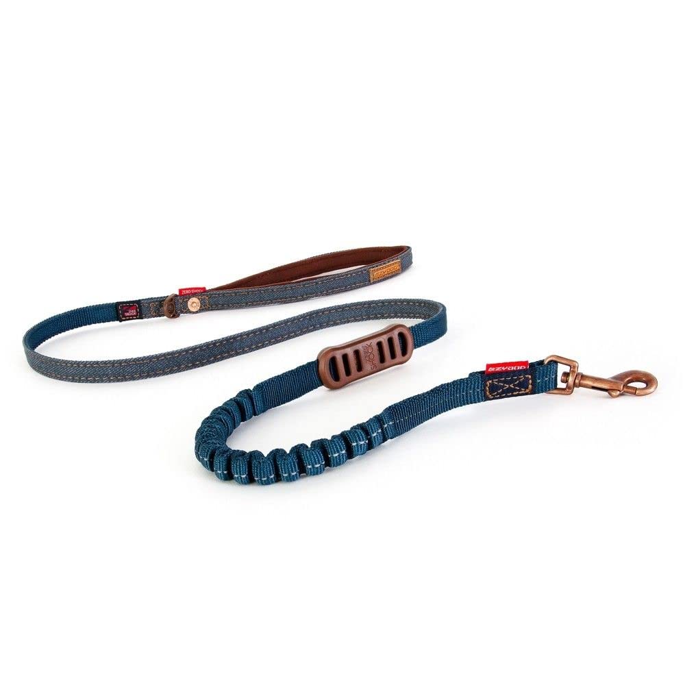 EzyDog Zero Shock LITE Dog Lead - Bungee Lead for Small Dogs Under 12kg - Shock Absorber with Soft Double Handle, Accessory D-Ring & Reflective Trim Dog Leash, 1.2m (Denim, 1.2m)