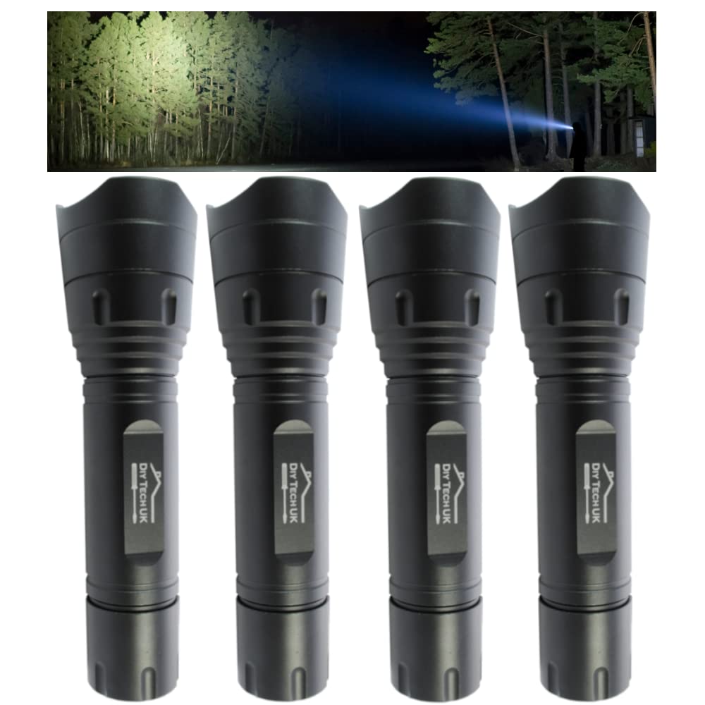 DIY TECH UK - Super Bright LED Torch - 300m Range - 4-Pack - Next Generation LED Technology - 5 Functions - Tough - Zoomable 15cm Pocket Torch - Anti-Slip - Aerospace Grade Aluminium Body - Black