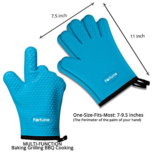 Silicone Grilling Gloves - Best Heat Resistant Oven Mitts For Cooking, Baking, BBQ & Boiling Non-Slip Potholders with Internal Cotton Layer - Includes Mini Oven Mitt (Blue)