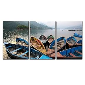 3 Piece Canvas Wall Art - Colorful Boats in Phewa Lake in Twlilight, Nepal - Modern Home Art Stretched and Framed Ready to Hang - 16"x24"x3 Panels