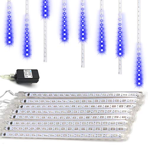 Aukora Rain Drop Lights, LED Falling Rain Lights with 11.8 inch 8 Tubes 144 led, Outdoor Icicle Snow Meteor Shower Lights for Xmas Wedding Party Holiday Garden Decoration, Blue (UL Listed Plug)