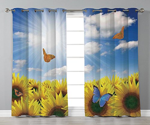 Thermal Insulated Blackout Grommet Window Curtains,Modern,Sunflowers in the Meadow with Flying Butterflies Floral Image Country Style Home Design,Yellow Blue,2 Panel Set Window Drapes,for Living Room