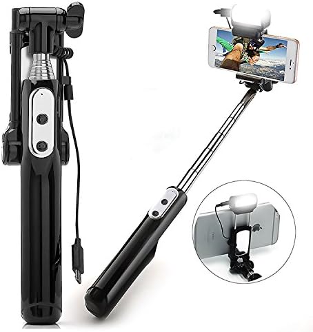 Bluetooth Selfie Stick, Extendable 360° LED Fill Light Selfie Stick with Rear Mirror and Adjustable Head for iPhone X/8/8P/7/7P/6S, Galaxy S9 S9 Plus/Note 8/S8 S8Plus and Most Mobile Phones-Black