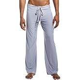 Men Soft Ice Silk Long Yoga Pants Sexy Low Rise Elastic Drawstring Sleep Bottoms