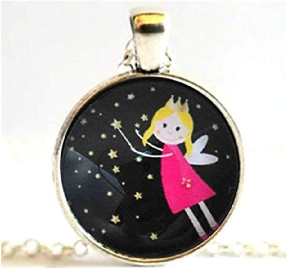 Vintage Fairy with wand Tooth Fairy Sky girl Cabochon Tibetan Silver Glass Chain Pendant Necklace or Brooch