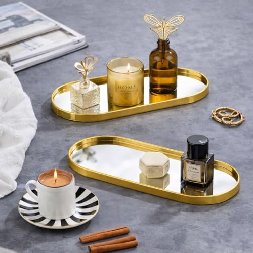 Bandeja Oval Espelhada Dourada Decorativa para Organização e Decoração