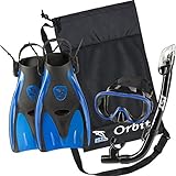 IST Orbit Snorkeling Gear Set: Tempered Glass Mask, Dry Top Snorkel & Trek Fins for Compact Travel