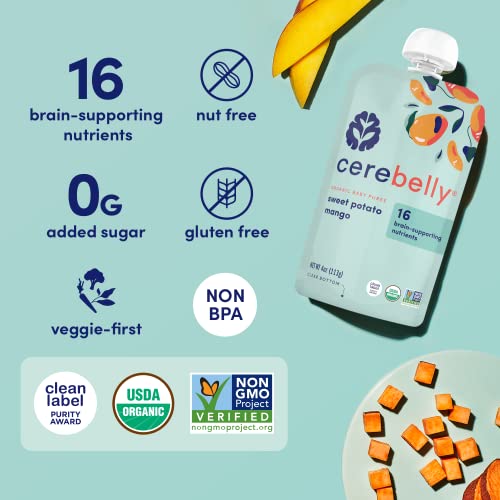 Cerebelly Baby Food Pouch – Sweet Potato Mango, Organic Fruit & Veggie Purees, Great Snack for Toddlers, 16 Brain-supporting Nutrients from Superfoods, No Added Sugar