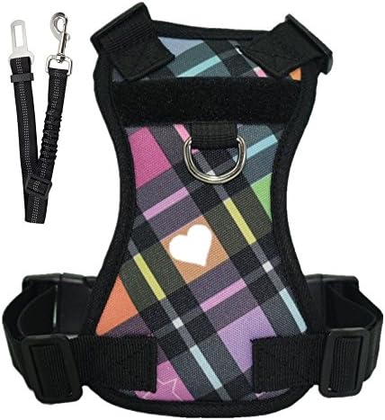 GOLDBELL No Pull Easy Walk Dog Harness, Adjustable Mesh Pet Vest Harness with Vehicle Car Seatbelt Leash Set for Small Medium Large Dogs (Plaid,Medium:Fits Girth:17-25 inch)