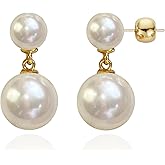 OwMell Crystal Double Beads Pearl Earrings for Women, 925 Sterling Silver Two Balls Pearl Drop Earrings Large Size - White