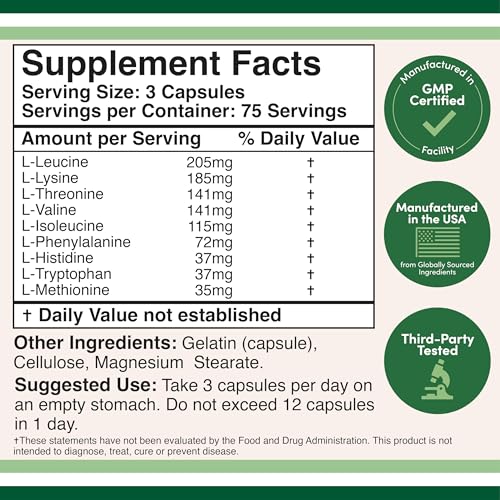 ESSENTIAL AMINO ACIDS – 1 GRAM PER SERVING POWDER BLEND OF ALL 9 ESSENTIAL AMINOS (EAA) AND ALL BRANCHED-CHAIN AMINOS (BCAAS) (LEUCINE, ISOLEUCINE, VALINE) 225 CAPSULES, GLUTEN FREE BY DOUBLE WOOD