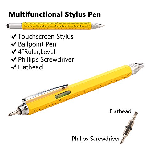 BM Multifunction Tool Pen with Stylus, Ballpoint Pen, Screwdriver, Bubble Level, Universal Ruler and Phillips Flathead Bit Useful Office Gadget Gifts Pack of 2 (Yellow)