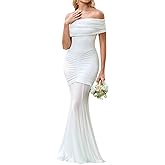 HTZMO Women Sexy Off Shoulder Bodycon Maxi Dress Strapless Ruched Wedding Guest Formal Party Long Dresses