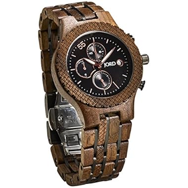 Jord Wooden Wrist Watches for Men – Conway Series Chronograph/Wood and Metal Watch Band/Wood Bezel/Analog Quartz Movement – Includes Wood Watch Box (Walnut & Jet Black)