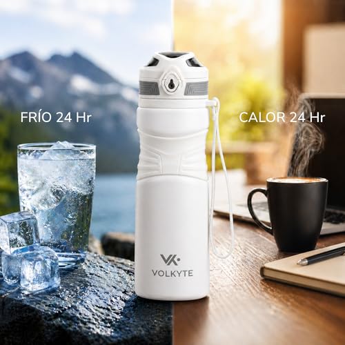 Thermal Bottle 316 Stainless Steel 600 ml Double Walled, Leakproof, Keeps Hot 12 Hours/Cold 24 Hours with Safety Lock and Strap (White)