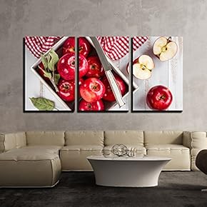 3 Piece Canvas Wall Art - Red Apples on White Wooden Table Top View - Modern Home Art Stretched and Framed Ready to Hang - 16"x24"x3 Panels