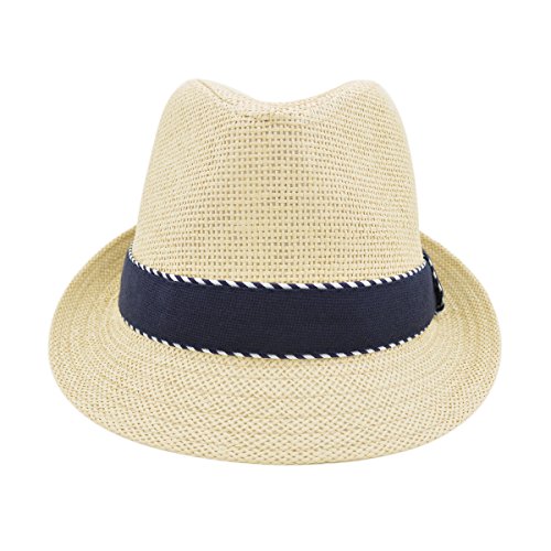 Premium Classic Fedora Straw Hat with Navy Striped Trim Band, Natural