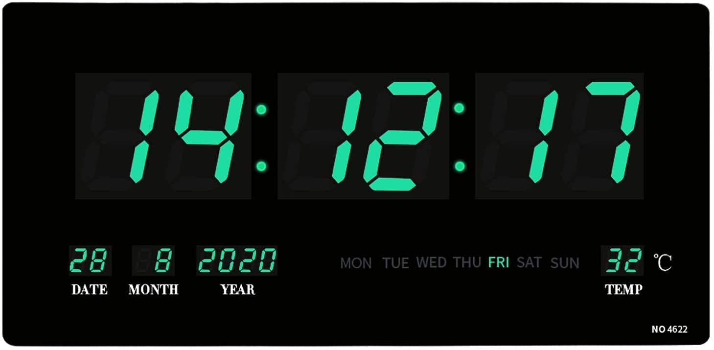 Large Digital Wall Clock,18.5” Large Oversized LED Wall Clock Indoor Temperature,Digital Clocks with Date and Day,for Home, Gym, Office and Classroom Green