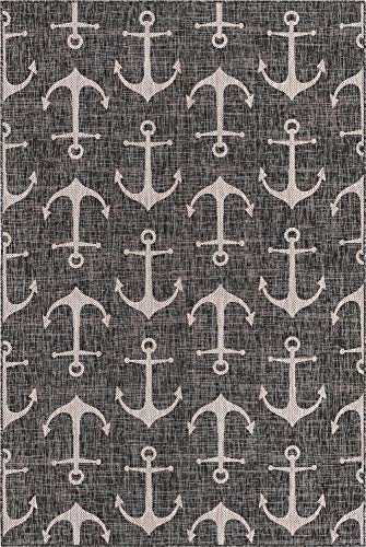 Unique Loom Outdoor Coastal Collection Nautical Anchors Charcoal/Ivory Area Rug (6' 0 x 9' 0)