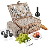 Wicker Picnic Basket | 4 Person Vintage Style Woven Willow Picnic Hamper with Blanket | Built-In Cooler | Ceramic Plates, Stainless Steel Silverware, Wine Glasses, S/P Shakers, Bottle Opener (Natural)