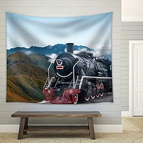 Vintage Black Steam Powered Railway Train - Fabric Wall Tapestry Home Decor - 51x60 inches