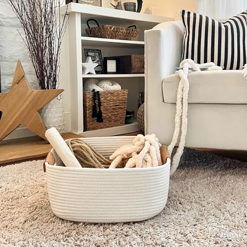 CHICVITA Rectangle Cotton Rope Woven Basket with Handles for Books, Magazines, Toys - Decorative Rectangle Basket for Baby Nursery, Living Room, Bathroom