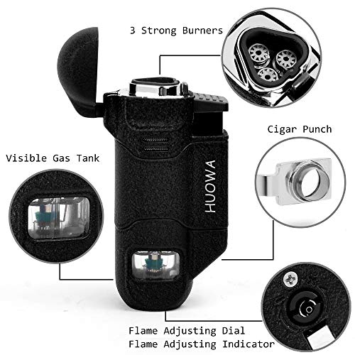 HUOWA Triple Jet Torch Lighter with Cigar Punch Cutter Tool and Gas Window, Unique Turbo Quadruple Red Flame Butane Refillable Gadgets for Men Gift Ideas