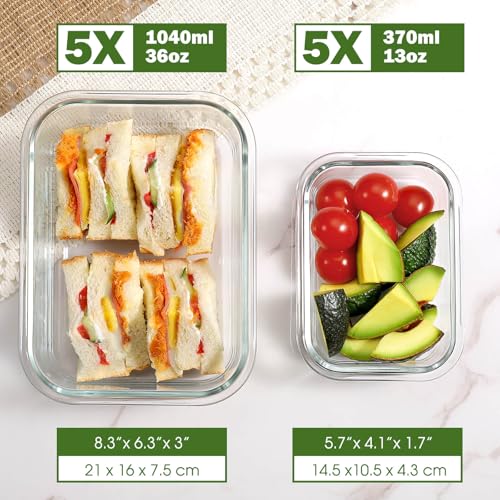 YASHE Glass Containers with Lids, 10 Pack Thick & Durable Food Containers - Stackable Airtight Glass Meal Prep Containers, BPA-Free Food Storage for Microwave, Oven, Freezer and Dishwasher