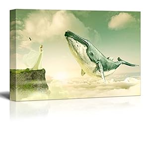 Canvas Wall Art - Fantasy Series - Girl on and Cliff with a Flying Whale Above The Clouds - Giclee Print Gallery Wrap Modern Home Art Ready to Hang - 12x18 inches