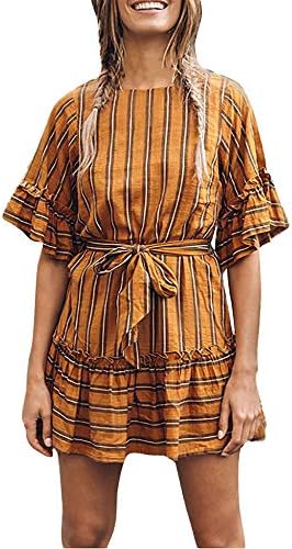 Women’s Casual Solid Color O-Neck 3/4 Bell Sleeve Ruffle Swing A Line Mini Dress Sundress with Belt